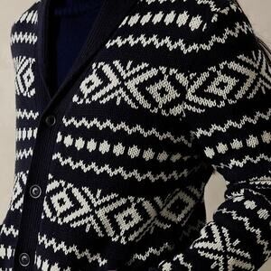 Banana Republic Factory Men's Fair Isle Navy Shawl Collar Cardigan Sweater - L